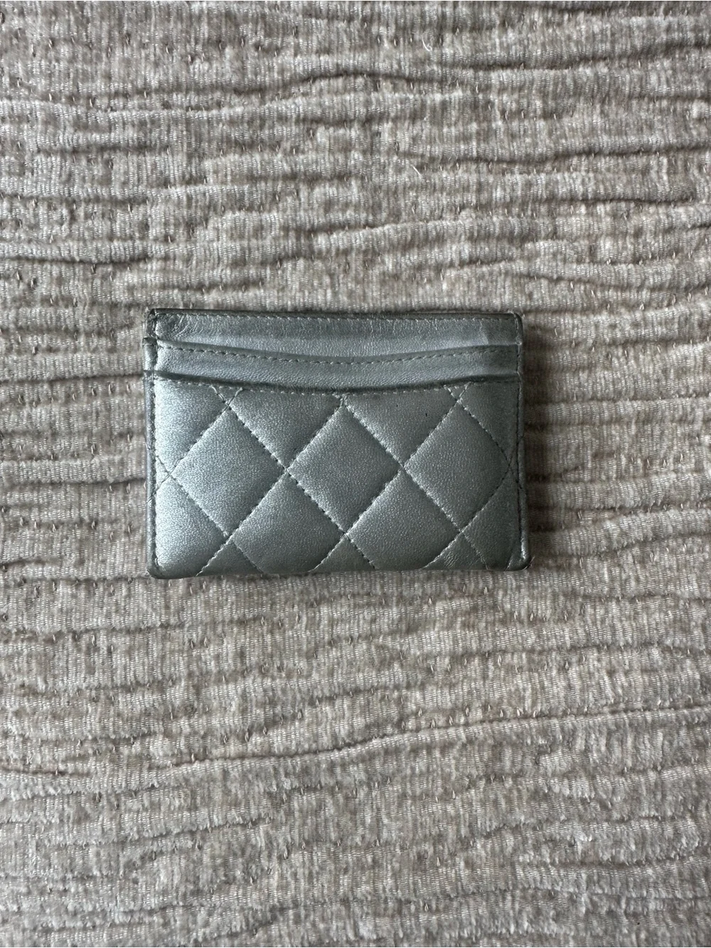 CHANEL Metallic Silver Quilted Card Holder with CC Logo
